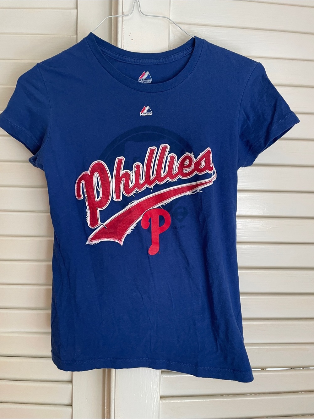 Majestic Blue Youth Phillies Tee with Red Script